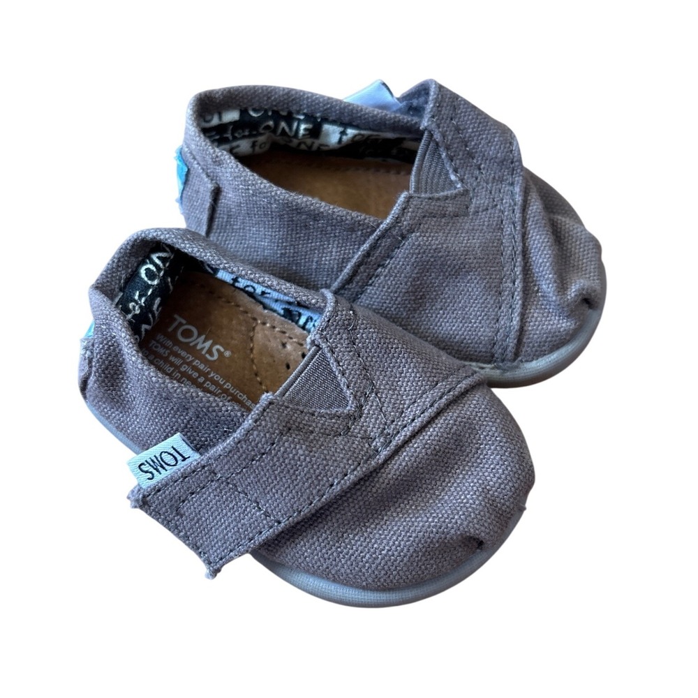 TOMS Alpargata Shoes Kids Grey Canvas Hook and Loop Slip On‎ SIZE T2